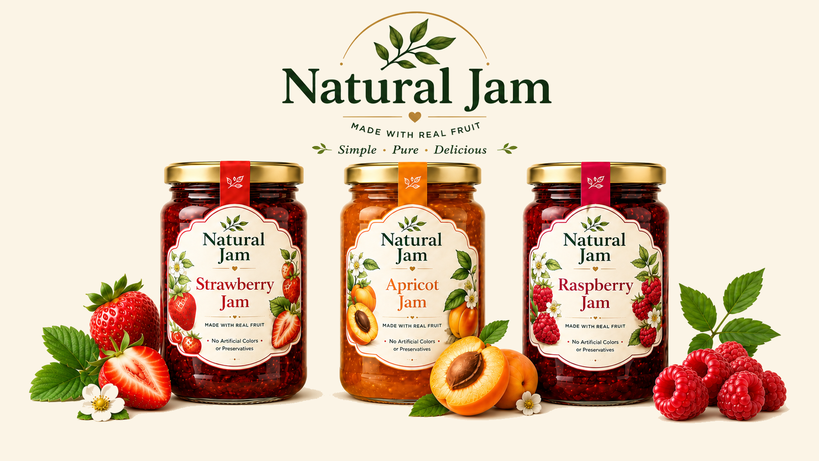Natural Jam — strawberry, apricot and raspberry preserves, made with real fruit